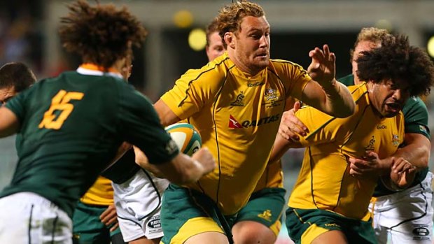Impact ... Scott Higginbotham cuts through the Springbok defence to score for the Wallabies.