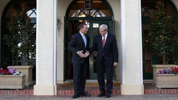 Renovator's delight: Tony Abbott and Kevin Rudd were on their best behaviour as they performed the ceremonial handover of the Prime Minister’s Canberra residence yesterday.