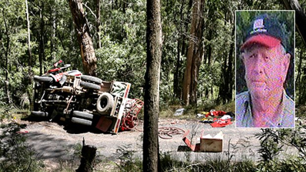 The overturned CFA tanker near Tatong that claimed the life of 62-year-old Hugh Monroe (inset) yesterday and left four of his CFA brigade mates injured.