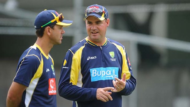 Ricky Ponting and new coach Mickey Arthur exchange thoughts at the Gabba.