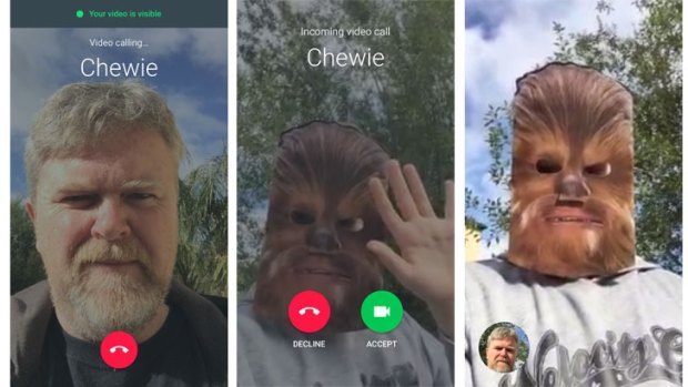 Left: Call Chewie on Google Duo and you're told he can see you. Middle: When Chewie calls you, you can see him waving. Right: Once the call connects you can see your face in the bottom left corner.