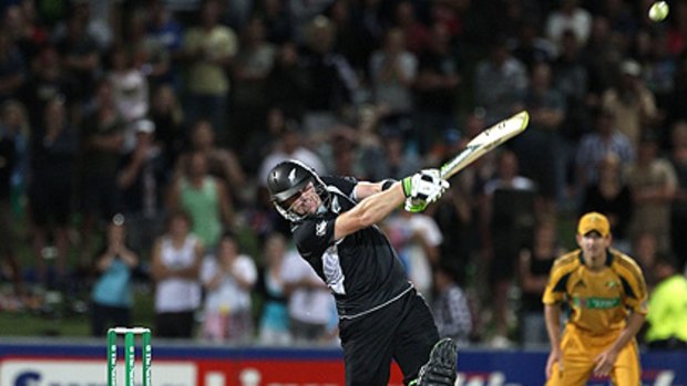 Scott Styris hits out against Australia at Napier last night. He hit a six off Doug Bollinger to end the game.