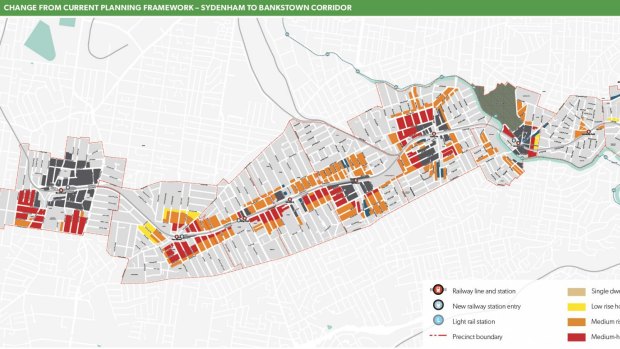 A map of the areas of change from Sydenham to Bankstown. 