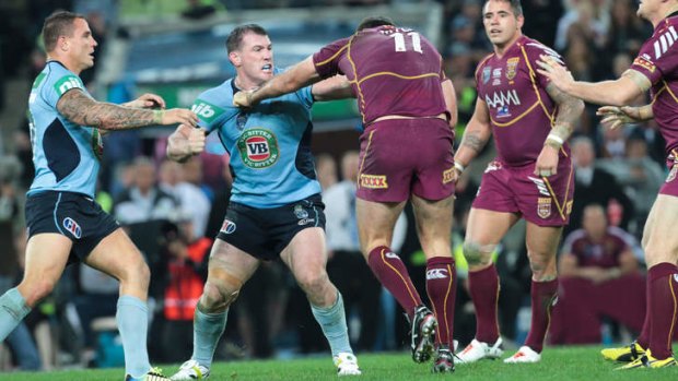 It's a blue: Nate Myles and Paul Gallen go the knuckle.