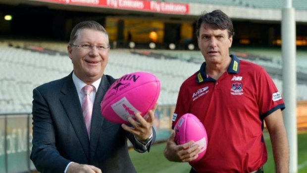 Victorian Premier Dr Denis Napthine and Melbourne coach Paul Roos promote the Field of Women event at the MCG.