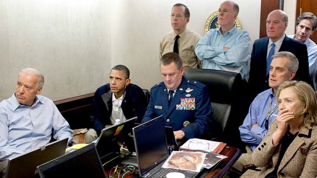 Real-time reports: a tense White House situation room as the operation takes place, with President Obama, Vice-President Joe Biden (far left), Secretary of State Hillary Clinton (far right) and national security advisers.