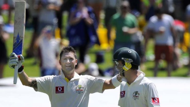 Double vision &#8230; Michael Clarke celebrates his double century yesterday; Ricky Ponting saluted shortly after.