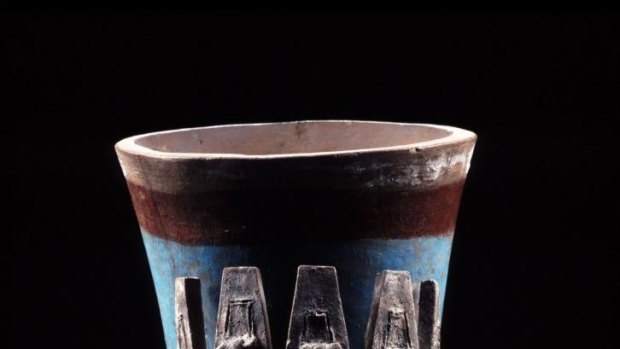 Blue vessel depicting Tlaloc, the god of rain.