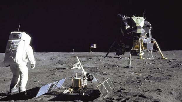 Buzz Aldrin walks on the moon.