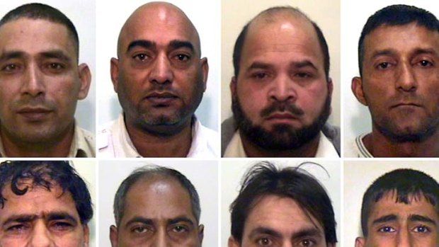 Guilty ... eight of the nine men who were convicted on a variety of child sexual exploitation offences. Top row: Adil Khan, Mohammed Ammin, Abdul Rauf and Mohammed Sajid. Bottom row: Abdul Aziz, Abdul Qayyum, Hamid Safi and Kabeer Hassan. The ninth man convicted could not be identified for legal reasons.