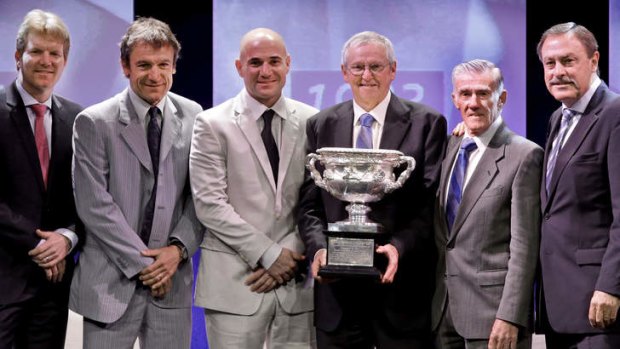 From left, Jim Courier, Mats Wilander, Andre Agassi, Roy Emerson, Ken Rosewall and John Newcombe.