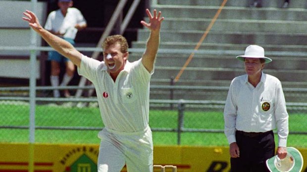 Craig McDermott celebrates the wicket of West Indies' Keith Arthruton for a duck in Brisbane, December 1992.