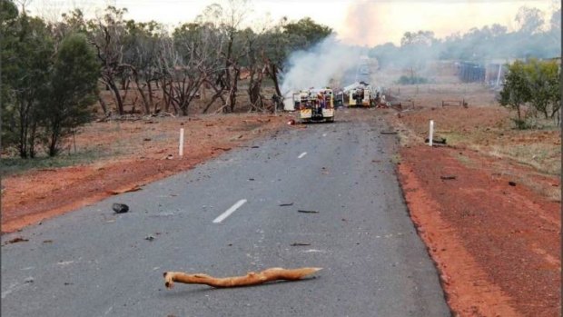 The scene of the truck explosion on the Mitchell Highway, near the south-west Queensland down of Charleville.