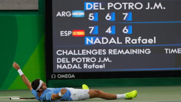 Celebration: Argentina's Juan Martin del Potro defeats Spain's Rafael Nadal on Saturday.