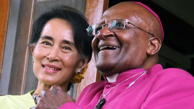Archbishop Desmond Tutu with fellow Nobel Peace Prize recipient Aung San Suu Kyi in Rangoon last month.