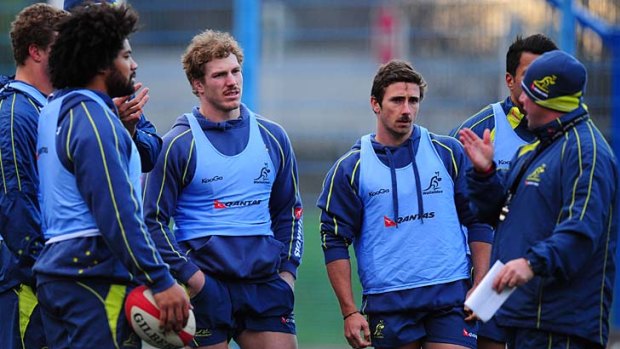 David Pocock (second left) and new arrival Brendan McKibbin (second right) during a training session in Cardiff.