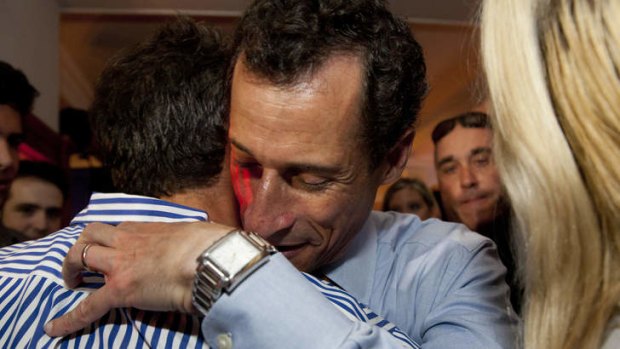 Anthony Weiner greets voters after making his concession speech.