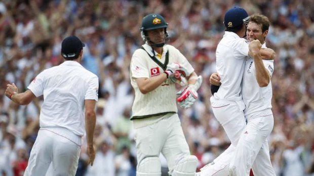 Crowning glory: Chris Tremlett (right) celebrates the dismissal of Michael Beer at the SCG in 2011 as England complete their first Ashes series win in Australia in 24 years.