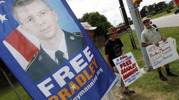 Supporters of Army Pfc  Bradley Manning protest outside of the gates at Fort Meade, Maryland.