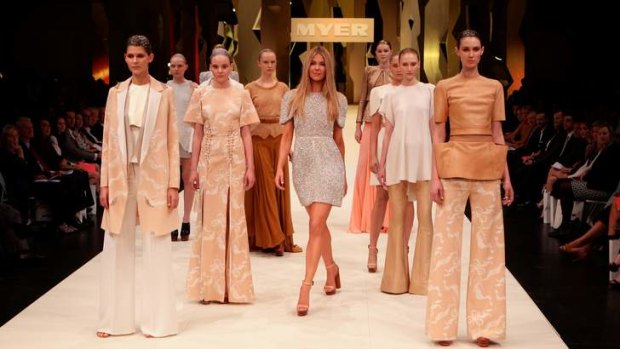 Jennifer Hawkins leads a show of Ellery designs at a Myer fashion launch in August 2011.