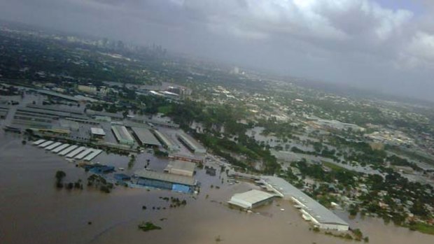 An aerial image taken by Queensland Premier Anna Bligh during surveillance of the damage shows the flooded Rocklea markets in Brisbane.