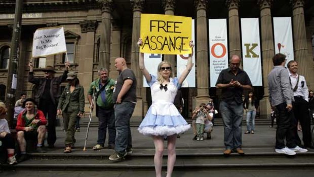 One of the protesters at the Melbourne rally in support of Australian WikiLeaks co-founder Julian Assange.