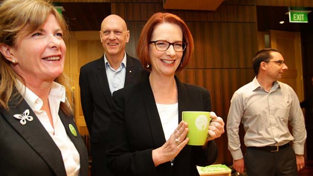 All smiles, for now &#8230; the Prime Minister, Julia Gillard, and Minister for School Education, Peter Garrett, on Friday.