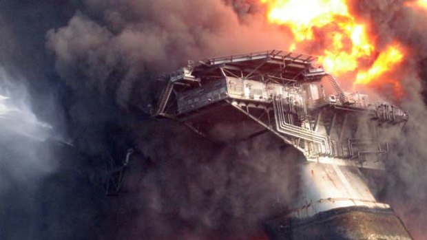 The Deepwater Horizon oil platform leaning on its side before sinking into the Gulf of Mexico on April 22, 2010.