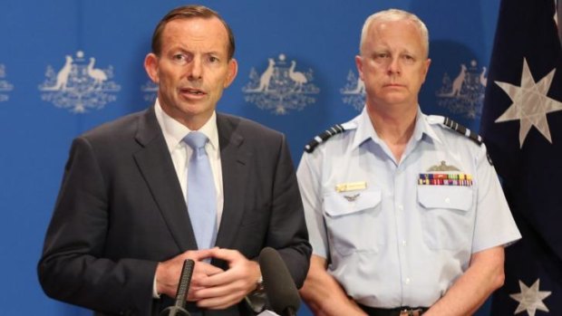 Prime Minister Tony Abbott with Chief of the Defence Force, Air Chief Marshal Mark Binskin, announcing that Australia will be sending a military force to the Middle East.