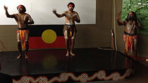 Golden: Yugambeh performers show their art.