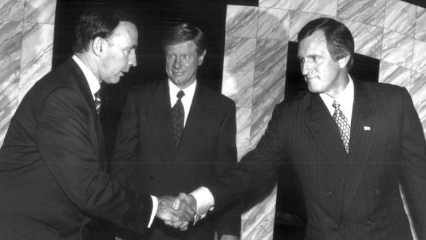 Pipped at the post: Paul Keating and John Hewson face off in an election campaign debate, moderated by ABC host Kerry O'Brien, centre.