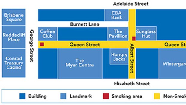 A map outlining where smoking may soon be restricted in the Queen Street Mall (designated smoking areas marked with red squares).