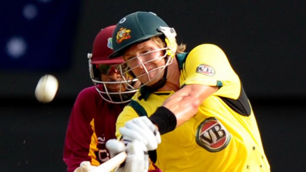 Whacking Watto ... Shane Watson plays a shot during the T20 match against the West Indies.