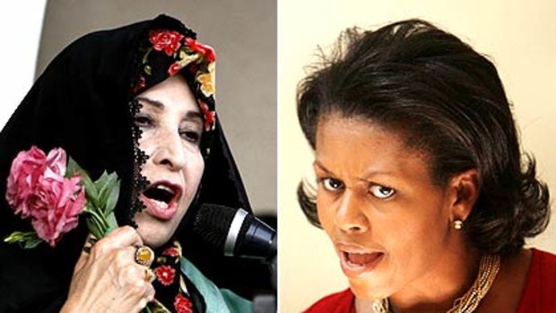 Will she be Iran's first First Lady? ... (Left) Zahra Rahnavard gives a speech during a campaign rally in Tehran on June 9, and (right) Michelle Obama in 2007.