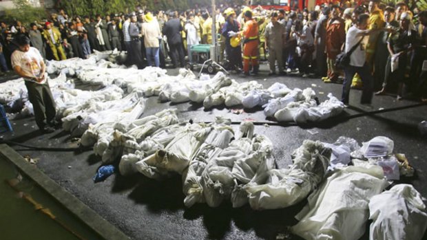 The bodies of the dead after the Santika club disaster. Fifty-nine New Year's eve revellers were either burnt to death or died in the subsequent stampede.