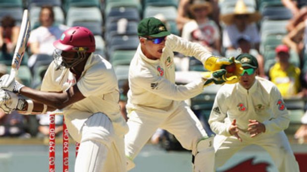 Back to business ... Brad Haddin catches Sulieman Benn out sweeping yesterday as the combative pair returned to action after copping their medicine for their on-field stoush on Thursday