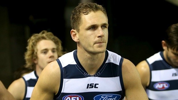 Geelong captain Joel Selwood leads his team out at Etihad Stadium.