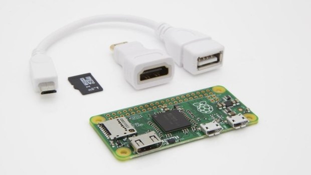 With a couple of adapters, the Pi Zero can be used with full-sized USB and HDMI devices.