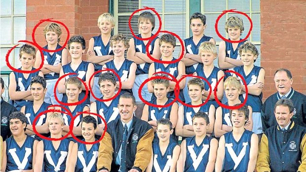 The 2005 Victorian under-12 football team. Front row (L-R) Cameron Hansen (second boy), Dylan Shiel (third), coach Andrew Nichol; second row, Jordan Kelly (second), Nick O'Brien (third), Michael Talia (fourth), Elliott Kavanagh (fifth), Adam Tomlinson (end); third row, Dom Tyson (first), Jonathon Patton (fourth); back row, Devon Smith (first), Jason Pongracic (middle), Brad Crouch (end).