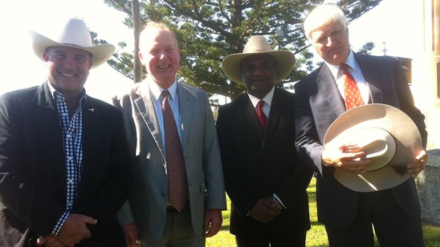 Bob Katter (right) with his senate hopefuls (left to right) James Blundell, dairy farmer Shane Paulger from Kenilworth, and Fraser Coast councillor Les MucKan.