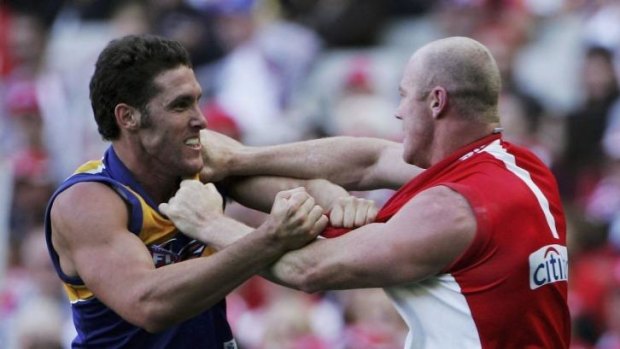 Darren Glass had the better of Barry Hall in the Eagles' 2006 grand final win.