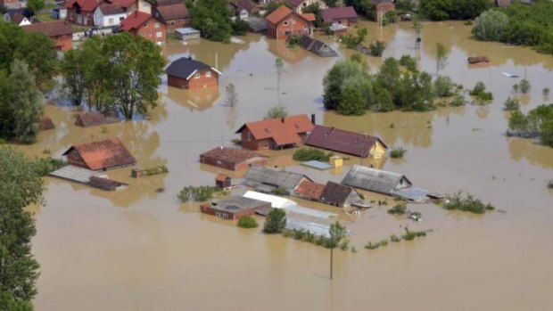 An aerial view of the flooded area near the Bosnian town of Brcko along the river Sava, 200 kms north of Bosnian capital of Sarajevo.