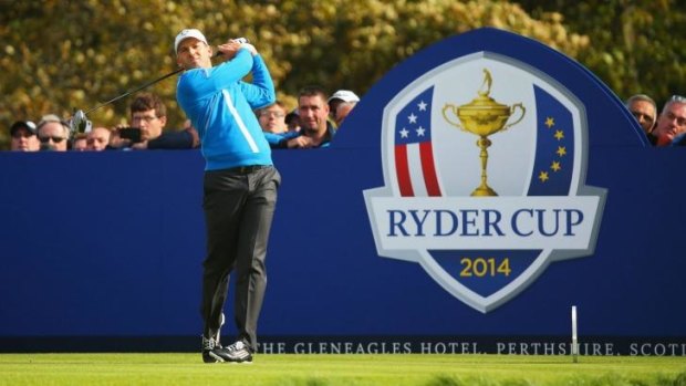 Sergio Garcia of Europe tees off on the 18th hole during the morning fourballs of the 2014 Ryder Cup on Friday.
