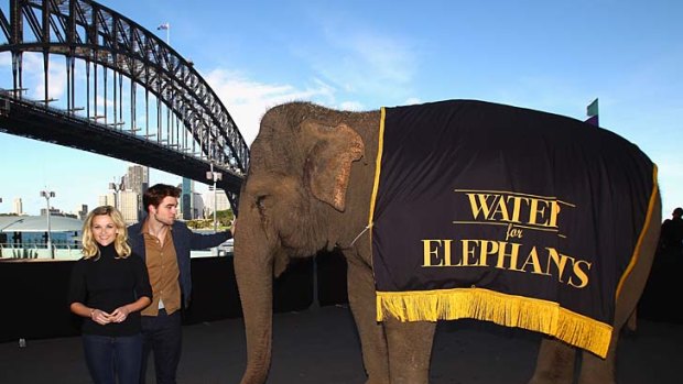 Reese Witherspoon and Robert Pattinson pose with an elephant at Luna Park.