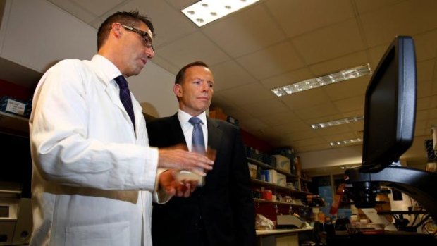 Prime Minister Tony Abbott visits Peter MacCallum Cancer Centre in Melbourne on Tuesday.