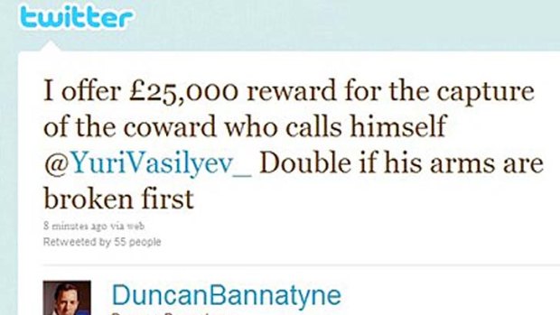 Duncan Bannatyne offered a reward to anyone who would break the arms of a tweeter who threatened his daughter.