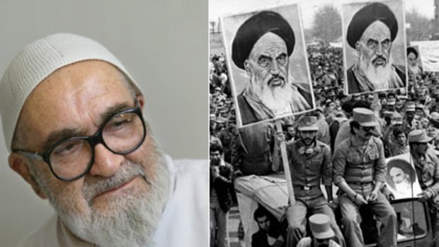 Dissident cleric ... Ayatollah Hossein Ali Montazeri became an opposition hero for his principled approach.  Right: soldiers brandish placards of Khomeini, who came into conflict with Montazeri.
