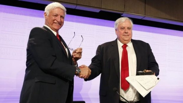Bob Katter with Clive Palmer in August last year at the National Press Club. Mr Katter says he is open to joining forces with Mr Palmer's party.