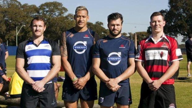Pride (in the name of rugby): Israel Folau with Sydney Convicts’ Brennan Bastyovansky, Adam Ashley-Cooper and Macquarie Uni’s Donovan Baker.