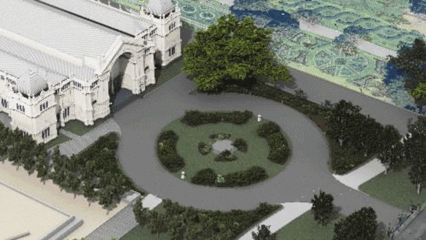 Computer illustration of Lovell Chen’s design of the Royal Exhibition Building heritage garden. THE AGE . news . MAY 14, 2010 . story by Denise Gadd . Image credit 3D Advanced Modelling [source Museum Victoria]